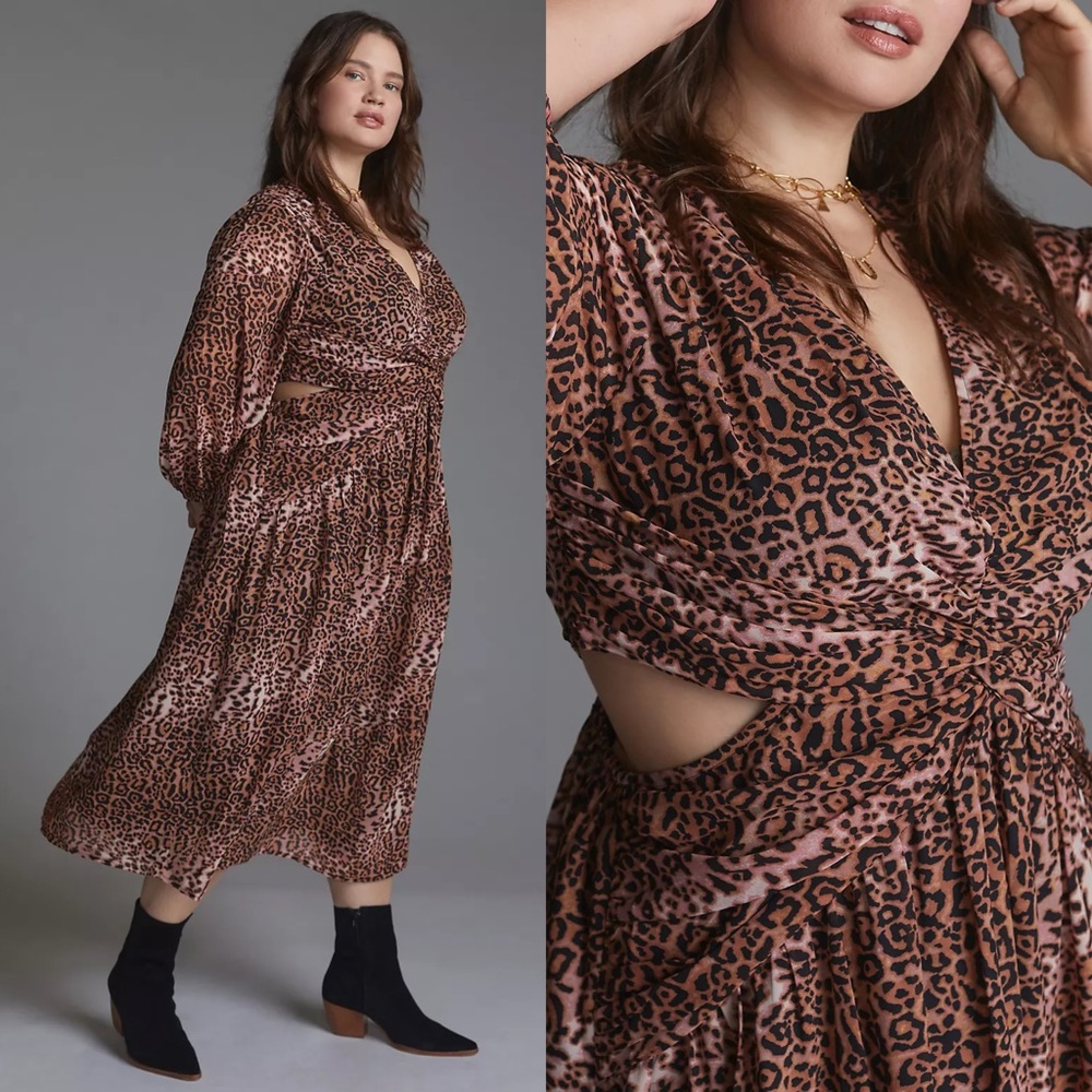 NEW Anthropologie Chiffon Pink Cheetah Animal Print Vneck Cutout Midi Dress 2X